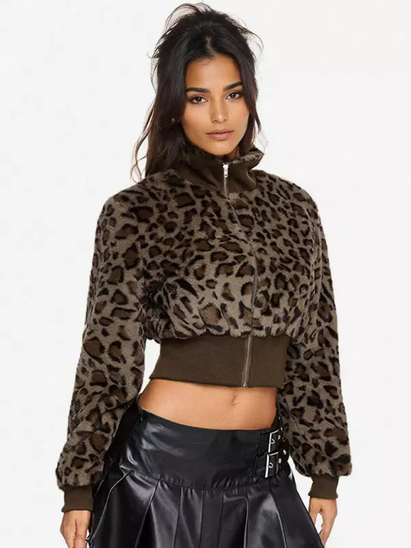 Casual Leopard Print Outerwear Fuzzy Cropped Zip-up Jacket