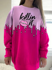 Casual Letter & Lips Pattern Crew Neck Pullover Sweatshirts