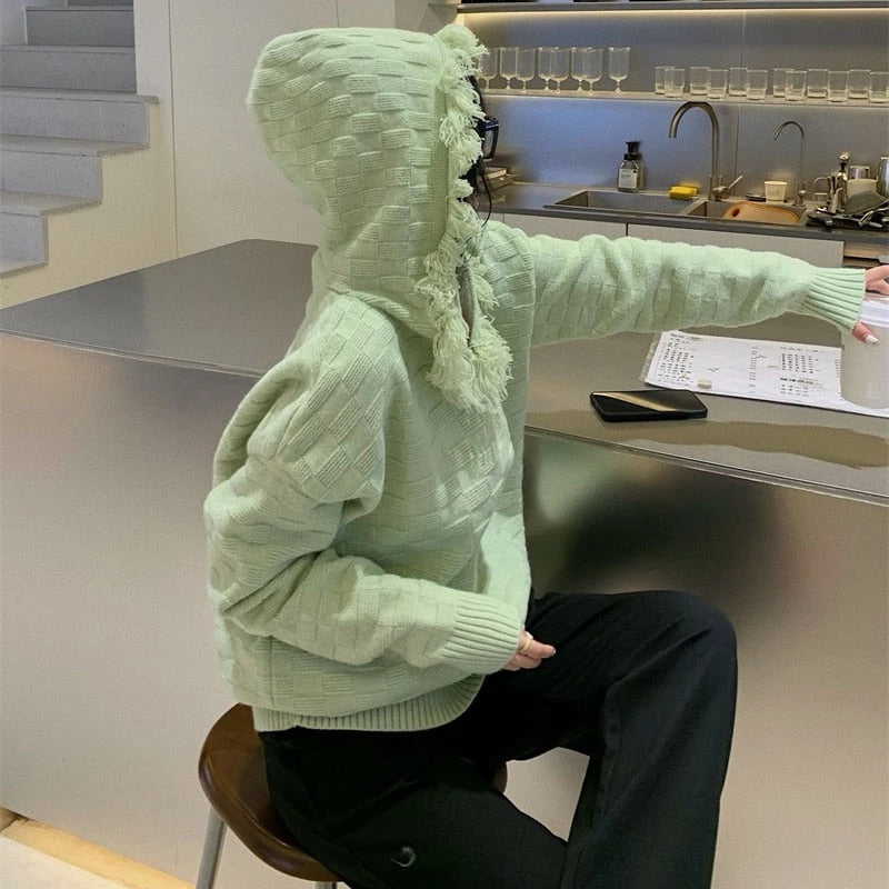Casual Long Sleeve Acrylic Hooded Collar Loose Sweater