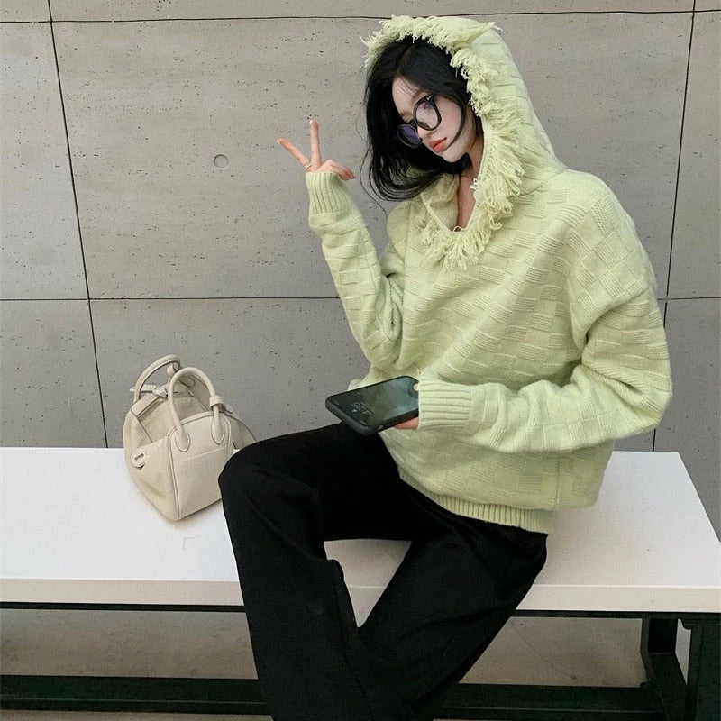 Casual Long Sleeve Acrylic Hooded Collar Loose Sweater