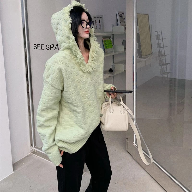 Casual Long Sleeve Acrylic Hooded Collar Loose Sweater