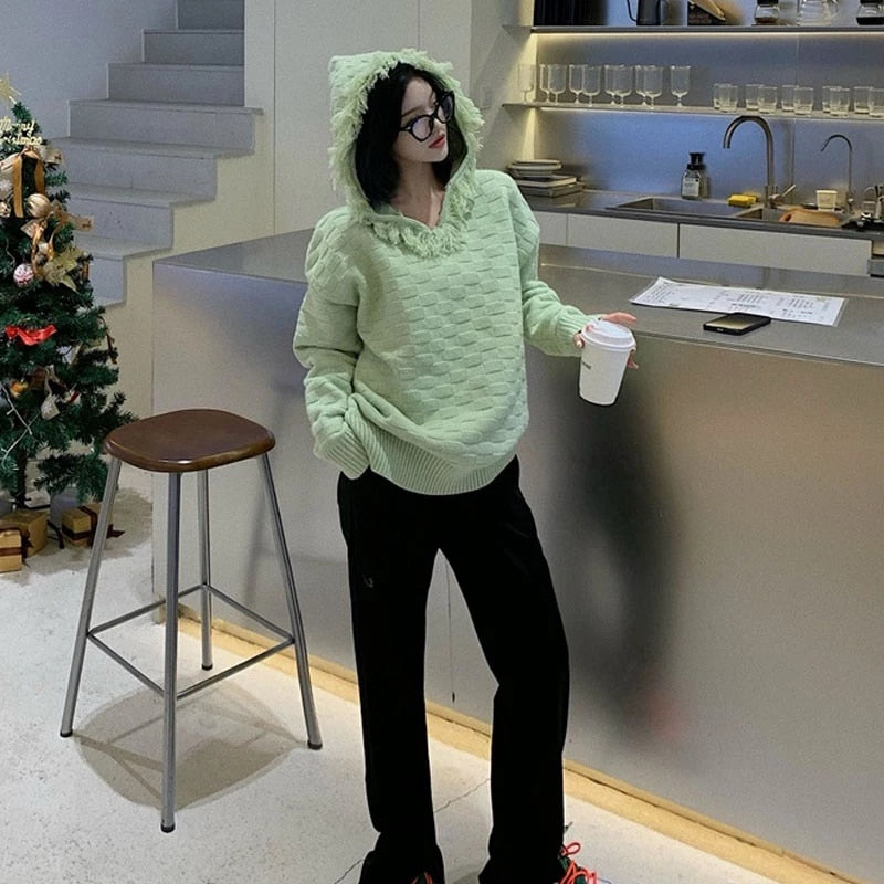 Casual Long Sleeve Acrylic Hooded Collar Loose Sweater