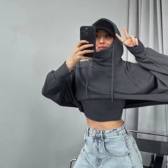 Casual Long Sleeve Irregular Cropped Hooded Baggy Streetwear Sweatshirt