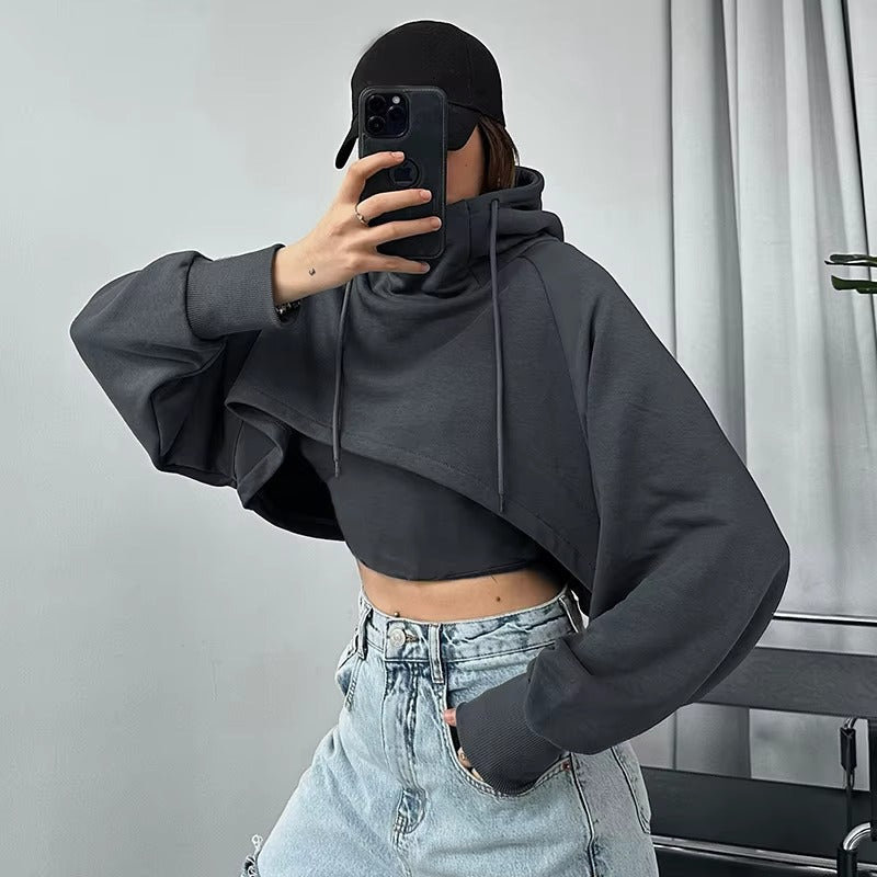 Casual Long Sleeve Irregular Cropped Hooded Baggy Streetwear Sweatshirt