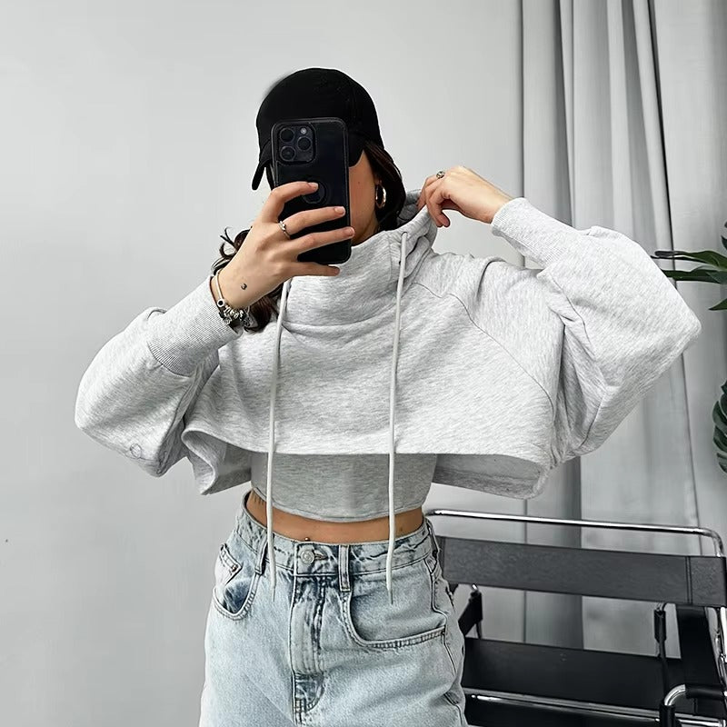 Casual Long Sleeve Irregular Cropped Hooded Baggy Streetwear Sweatshirt