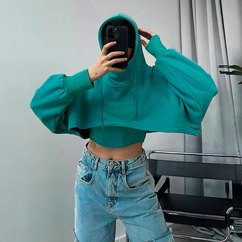 Casual Long Sleeve Irregular Cropped Hooded Baggy Streetwear Sweatshirt