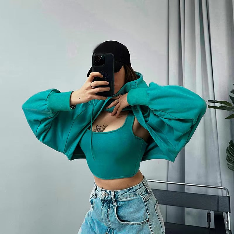 Casual Long Sleeve Irregular Cropped Hooded Baggy Streetwear Sweatshirt