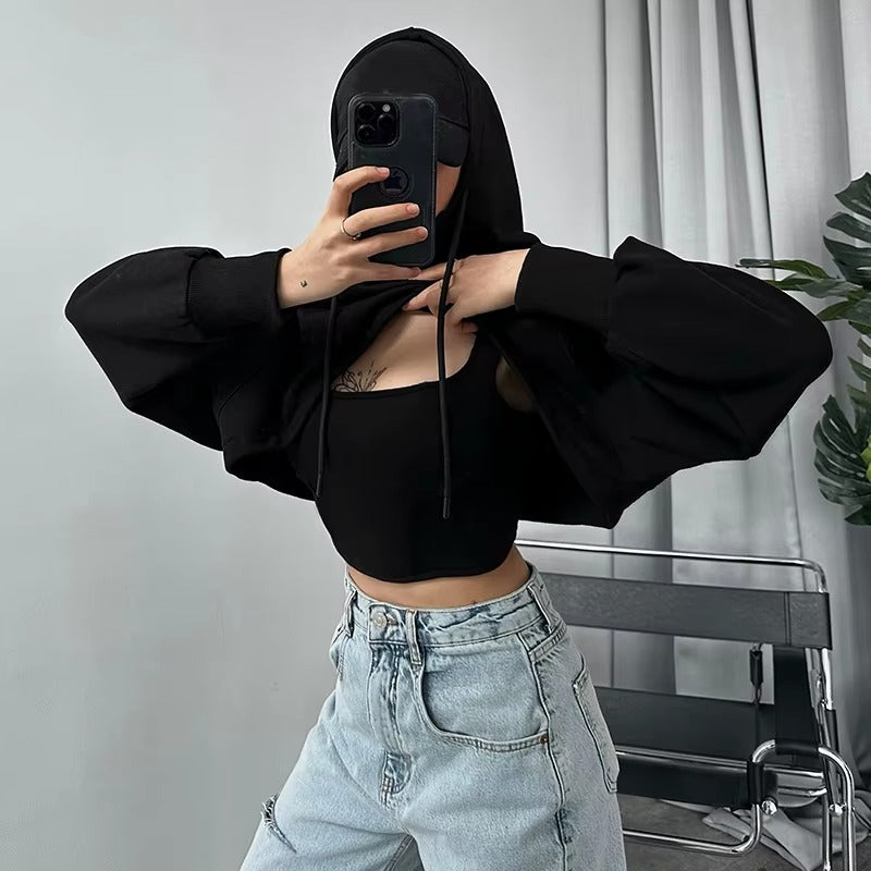 Casual Long Sleeve Irregular Cropped Hooded Baggy Streetwear Sweatshirt