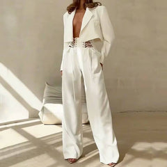 Casual Long Sleeve Lapel High Waist Jackets And Cut Out Lace Up Loose Pants 2 Piece Set