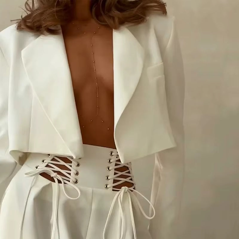 Casual Long Sleeve Lapel High Waist Jackets And Cut Out Lace Up Loose Pants 2 Piece Set