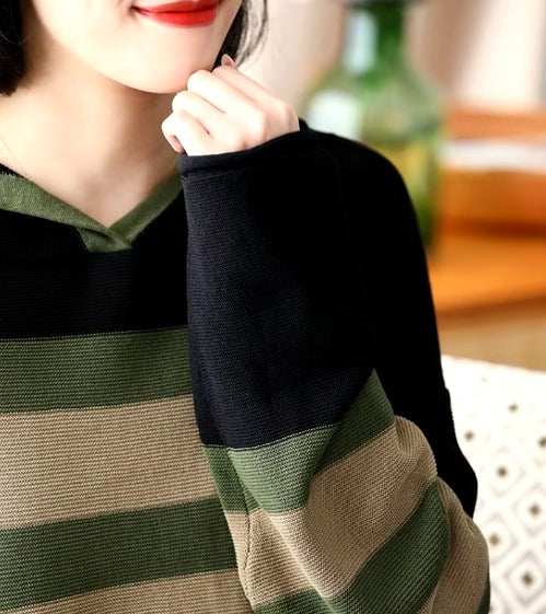 Casual Long Sleeve Loose Hooded Pullover Stripe Sweater Top