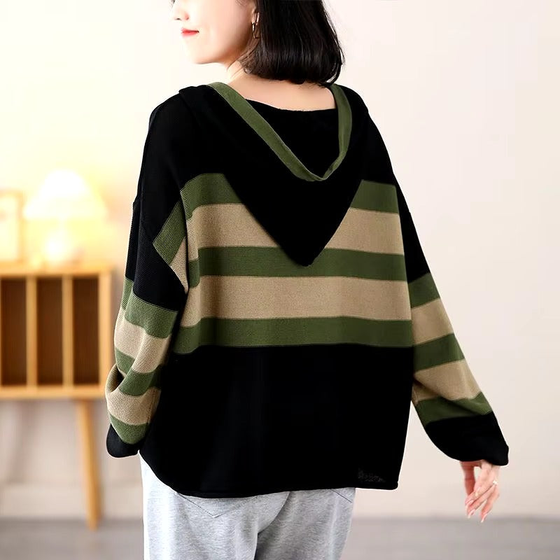 Casual Long Sleeve Loose Hooded Pullover Stripe Sweater Top
