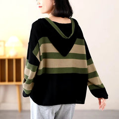 Casual Long Sleeve Loose Hooded Pullover Stripe Sweater Top