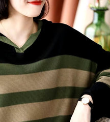 Casual Long Sleeve Loose Hooded Pullover Stripe Sweater Top