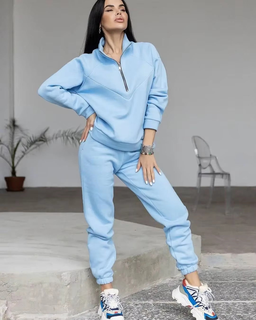 Casual Long Sleeve Solid Color Fleece Pullover Hooded Sweatshirt 2-Piece Set
