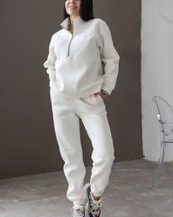 Casual Long Sleeve Solid Color Fleece Pullover Hooded Sweatshirt 2-Piece Set