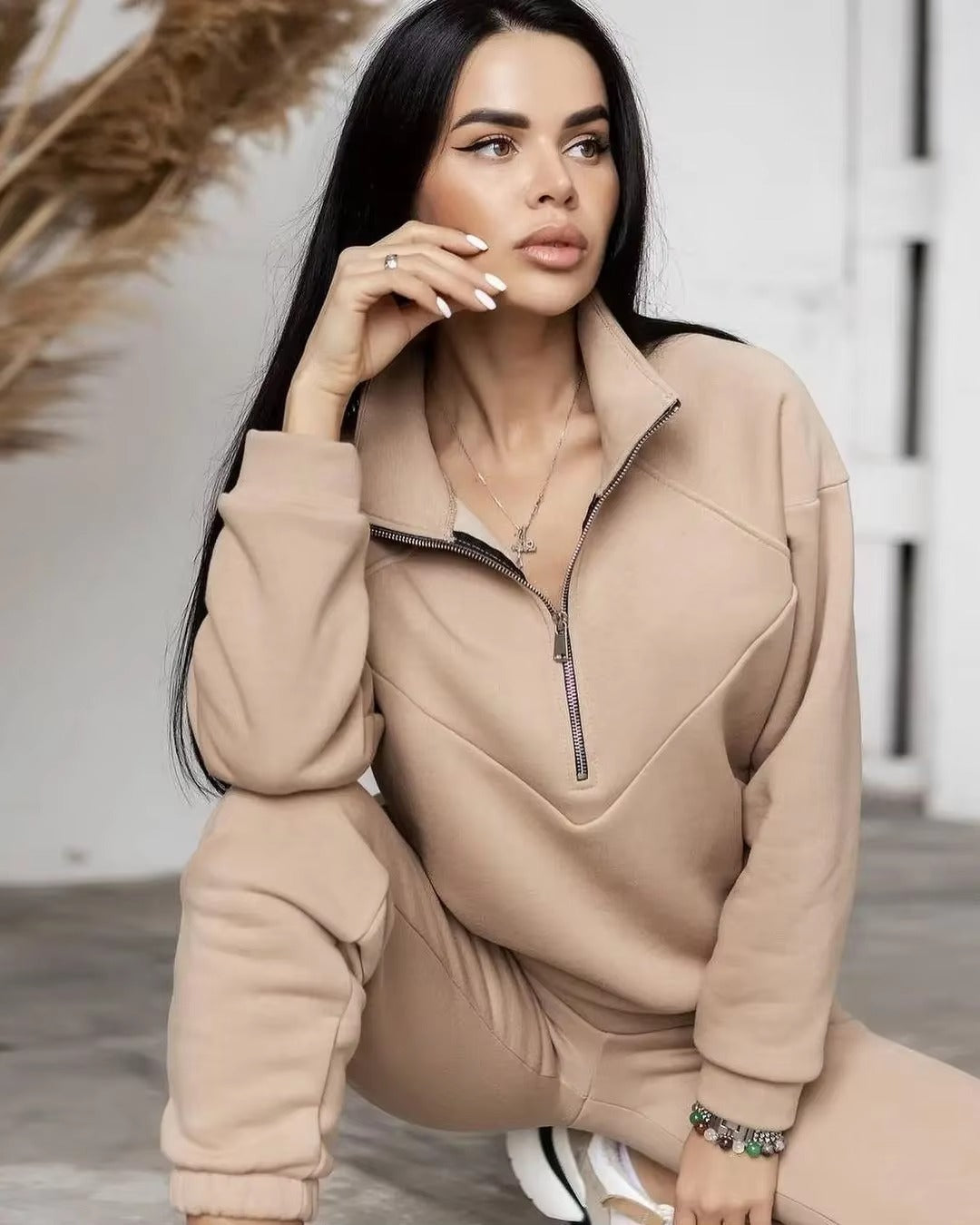 Casual Long Sleeve Solid Color Fleece Pullover Hooded Sweatshirt 2-Piece Set