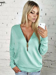 Casual Long Sleeve V-Neck Zipper Sweatshirt