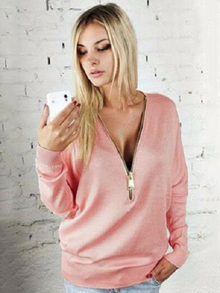 Casual Long Sleeve V-Neck Zipper Sweatshirt
