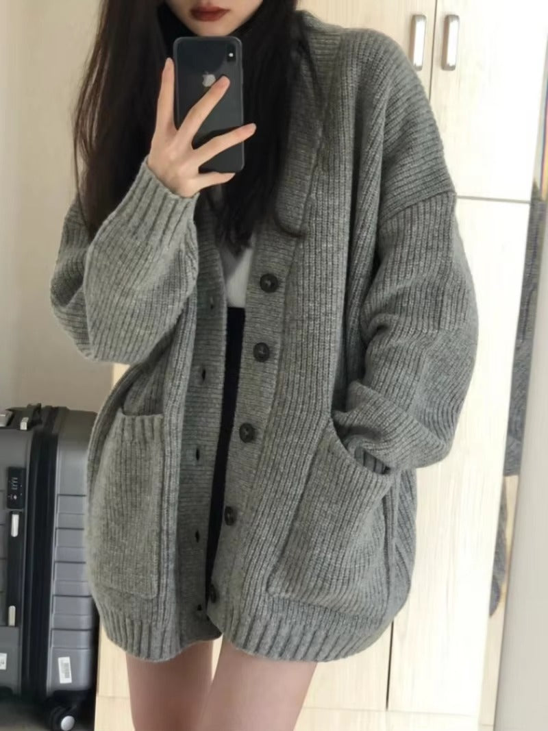 Casual Long Sleeve V-neck Cardigan Loose Knitted Sweater