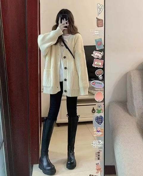 Casual Long Sleeve V-neck Cardigan Loose Knitted Sweater