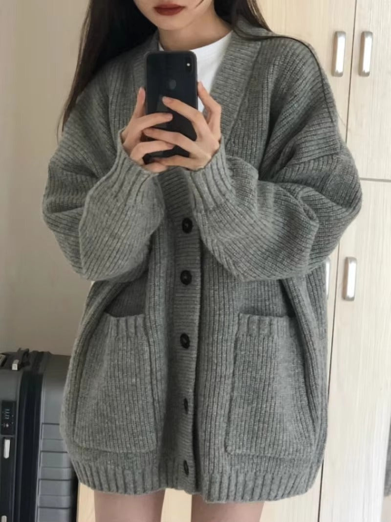 Casual Long Sleeve V-neck Cardigan Loose Knitted Sweater