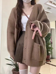 Casual Long Sleeve V-neck Cardigan Loose Knitted Sweater
