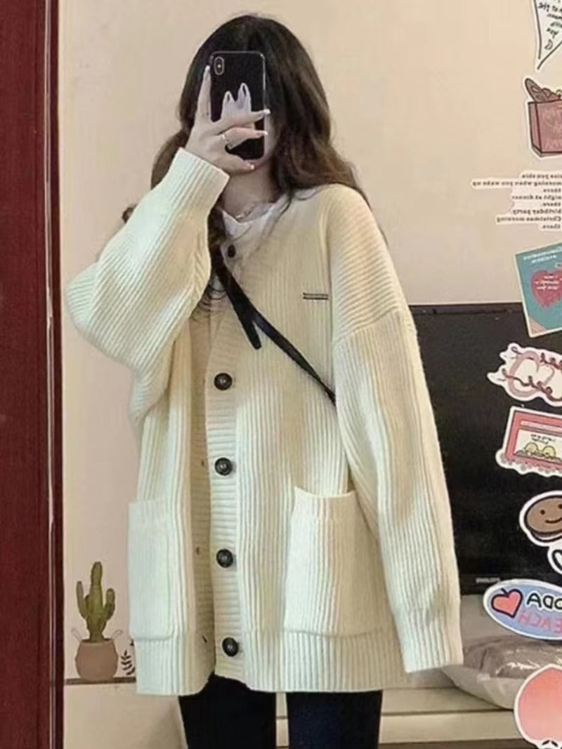 Casual Long Sleeve V-neck Cardigan Loose Knitted Sweater