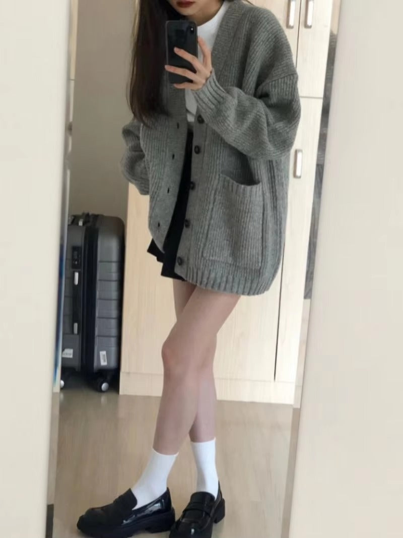 Casual Long Sleeve V-neck Cardigan Loose Knitted Sweater