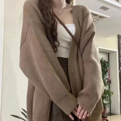 Casual Long Sleeve V-neck Cardigan Loose Knitted Sweater