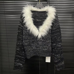 Casual Long Sleeve V-neck Pullover Knit Spliced Loose Sweater