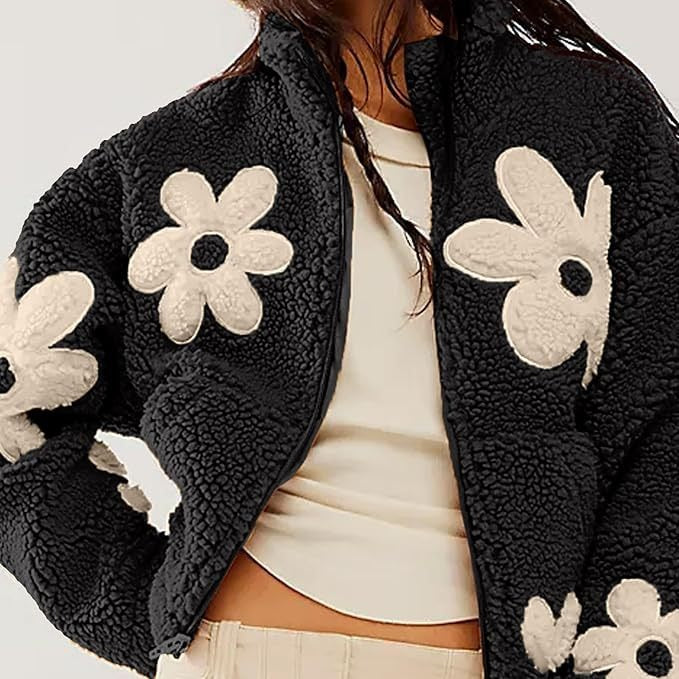 Casual Long Sleeve Zipper Floral Print Sherpa Fleece Jackets