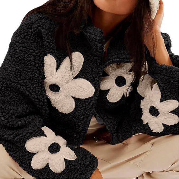 Casual Long Sleeve Zipper Floral Print Sherpa Fleece Jackets