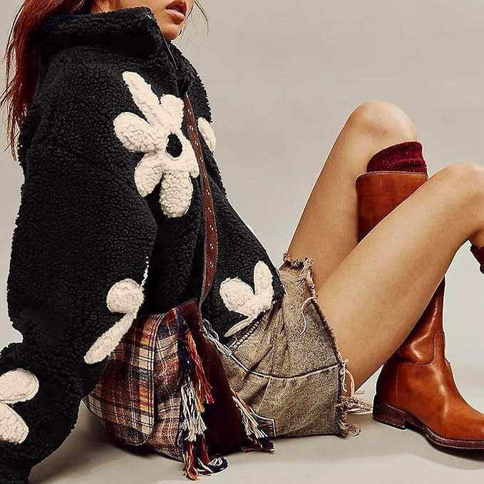 Casual Long Sleeve Zipper Floral Print Sherpa Fleece Jackets