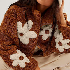 Casual Long Sleeve Zipper Floral Print Sherpa Fleece Jackets