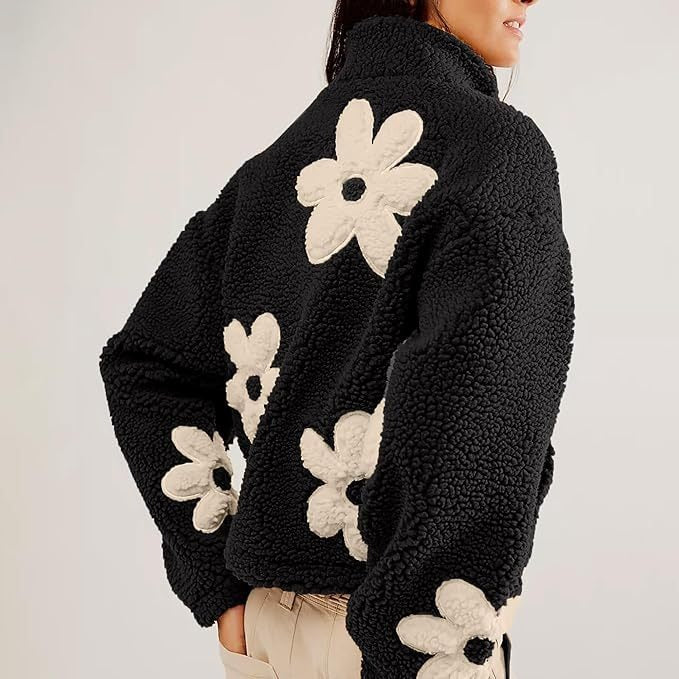 Casual Long Sleeve Zipper Floral Print Sherpa Fleece Jackets