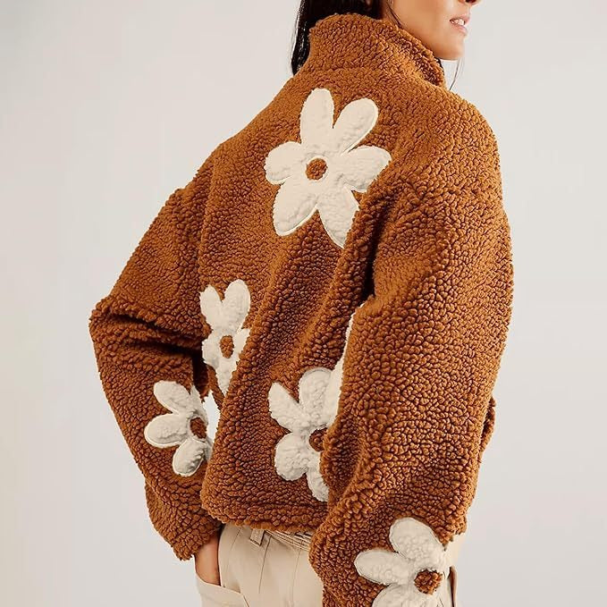 Casual Long Sleeve Zipper Floral Print Sherpa Fleece Jackets