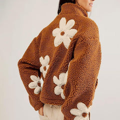 Casual Long Sleeve Zipper Floral Print Sherpa Fleece Jackets