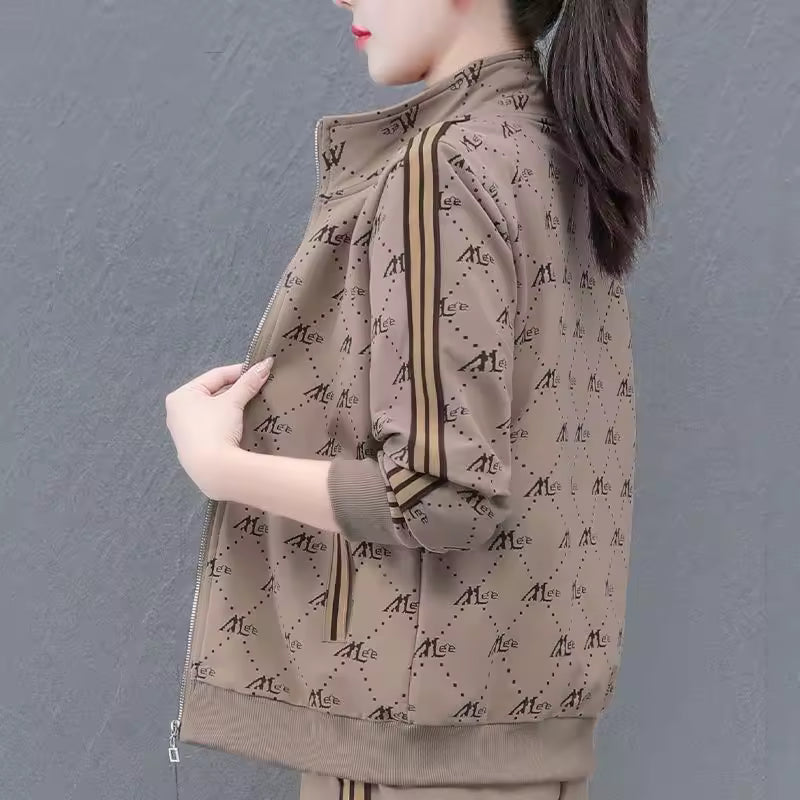 Casual Long-Sleeved Printed Zipper Coat Pants Sportswear Set