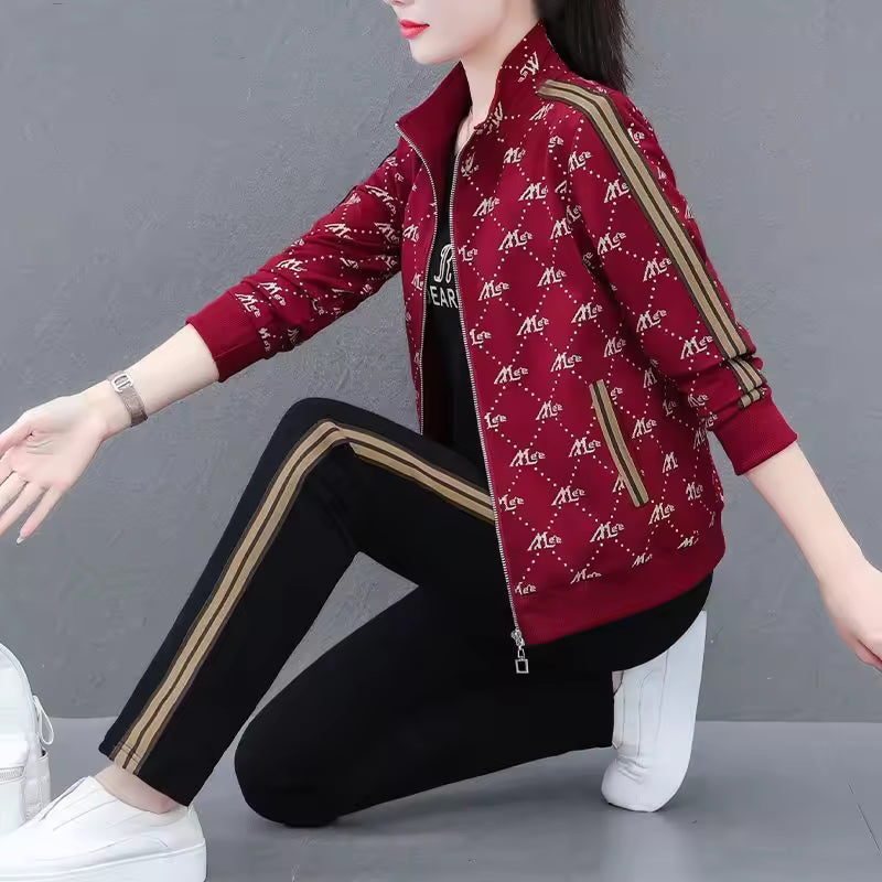 Casual Long-Sleeved Printed Zipper Coat Pants Sportswear Set
