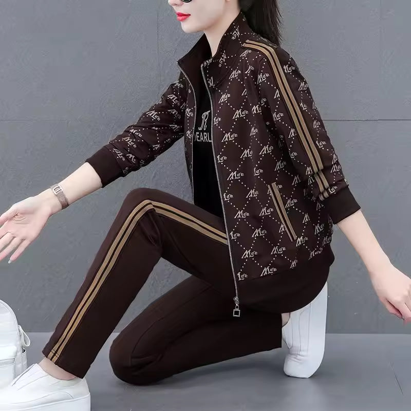 Casual Long-Sleeved Printed Zipper Coat Pants Sportswear Set