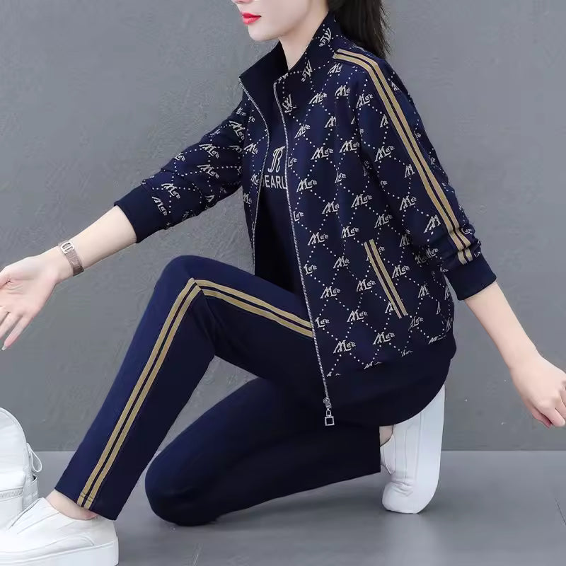 Casual Long-Sleeved Printed Zipper Coat Pants Sportswear Set