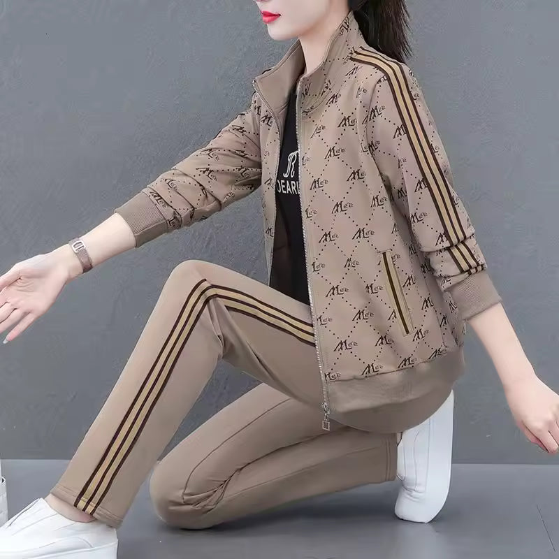 Casual Long-Sleeved Printed Zipper Coat Pants Sportswear Set