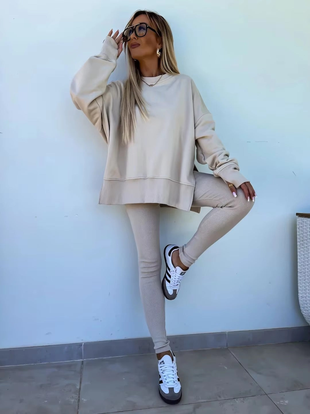 Casual Loose-Fitting Sweater Tight Pants 2 Piece Suit