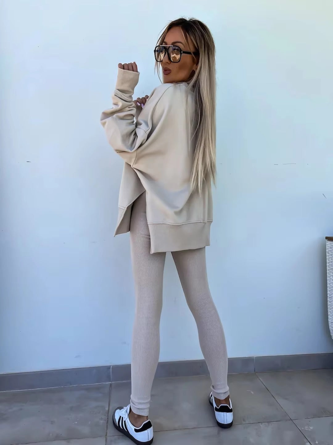 Casual Loose-Fitting Sweater Tight Pants 2 Piece Suit