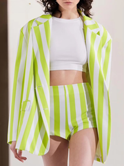 Casual Loose Stripe Print Shorts Long Sleeve Blazer 2 Pieces Set