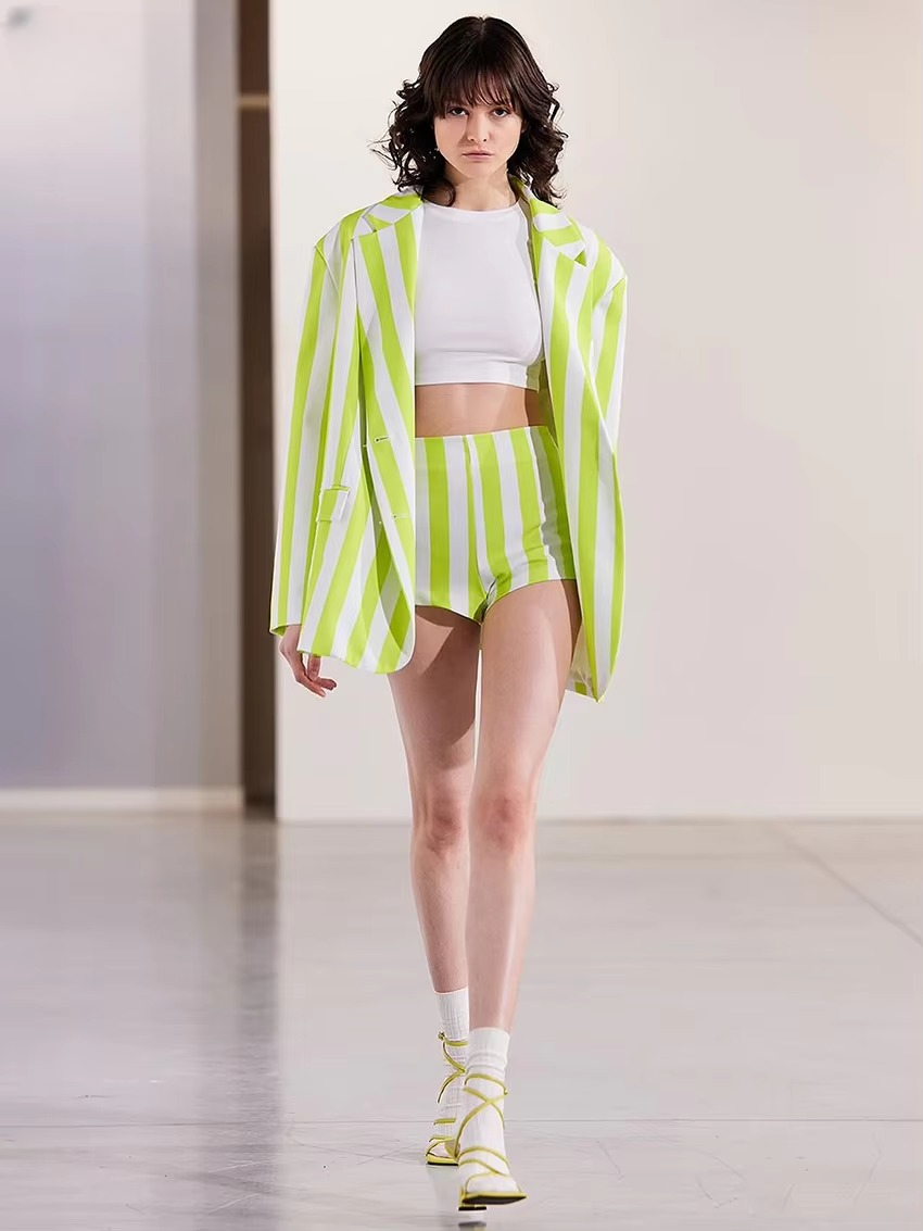 Casual Loose Stripe Print Shorts Long Sleeve Blazer 2 Pieces Set
