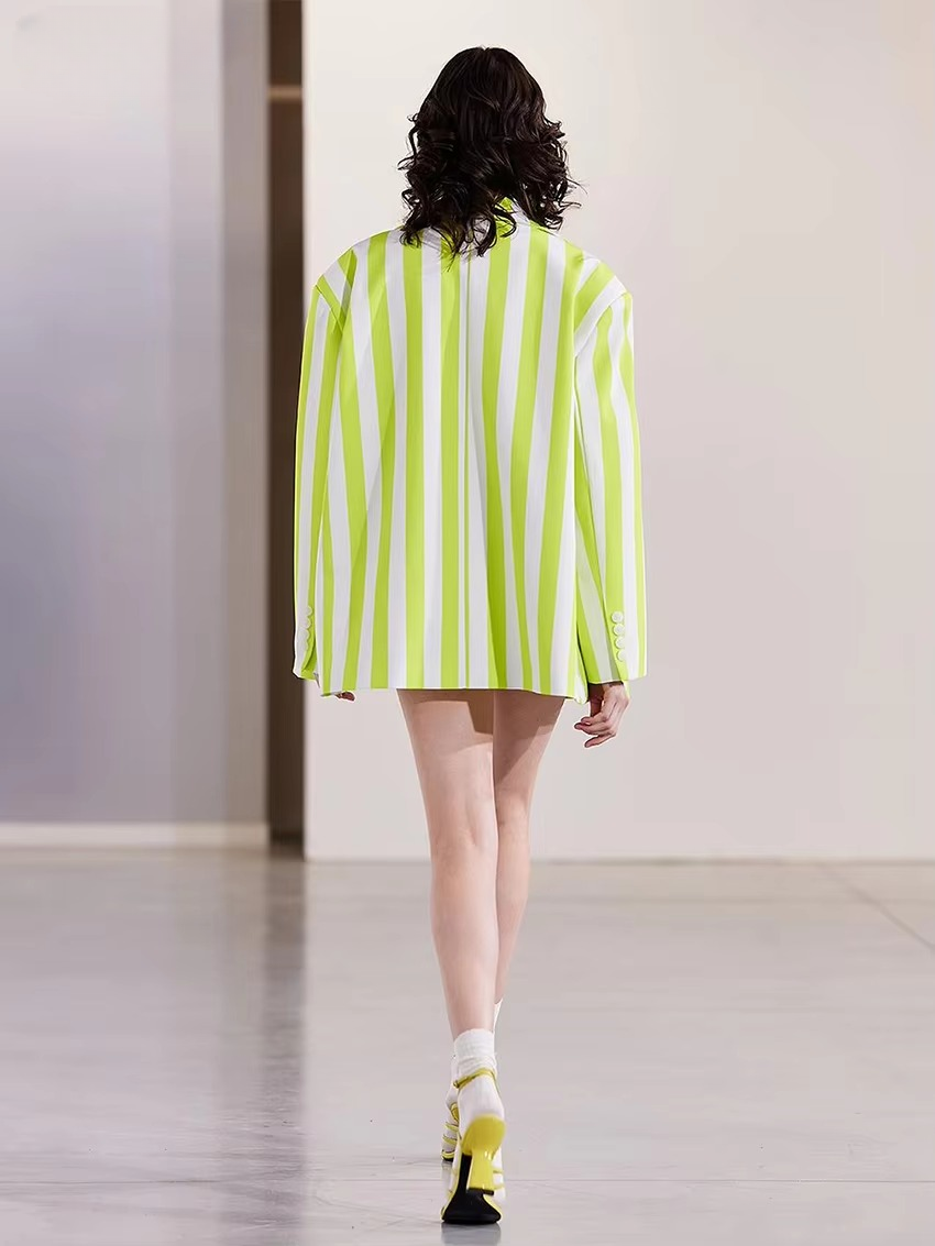 Casual Loose Stripe Print Shorts Long Sleeve Blazer 2 Pieces Set