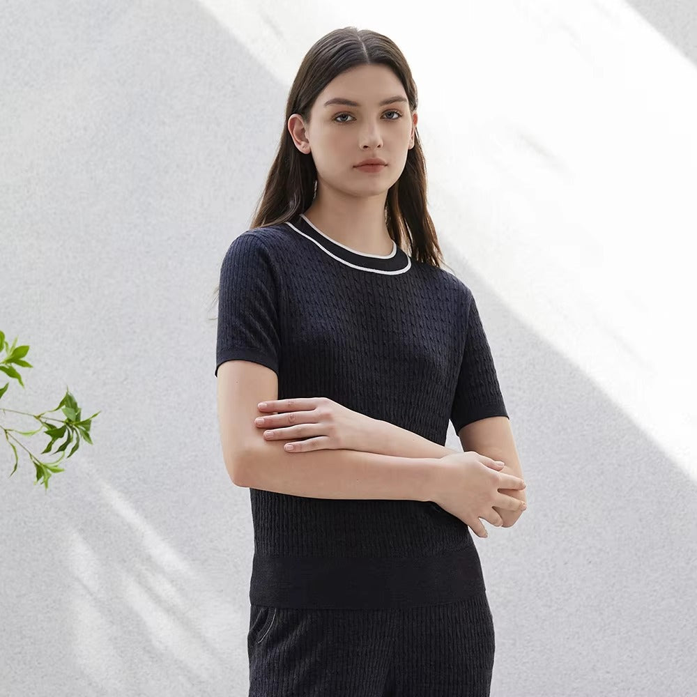 Casual Luxury Geometric Crew Neck Wool Silk Knitted Tops Sweater