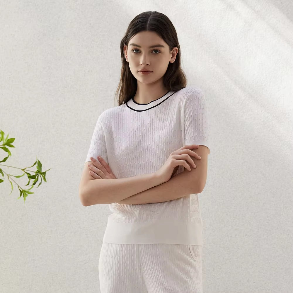 Casual Luxury Geometric Crew Neck Wool Silk Knitted Tops Sweater